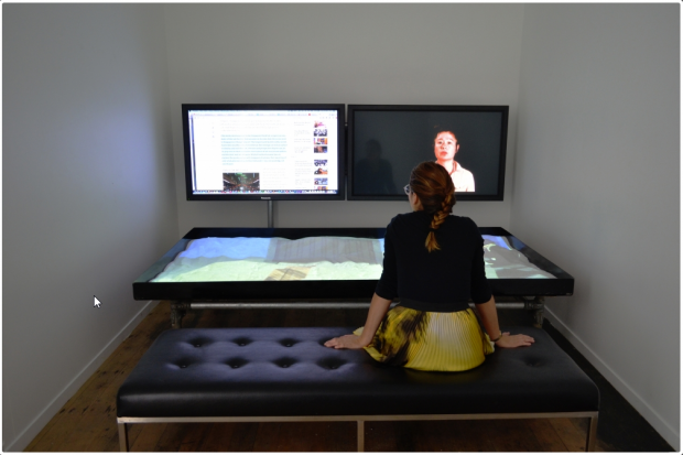 Photograph of seated person in gallery space watching two widescreen televison screens displaying Duty Free Art (2016) by artist Hito Steyerl